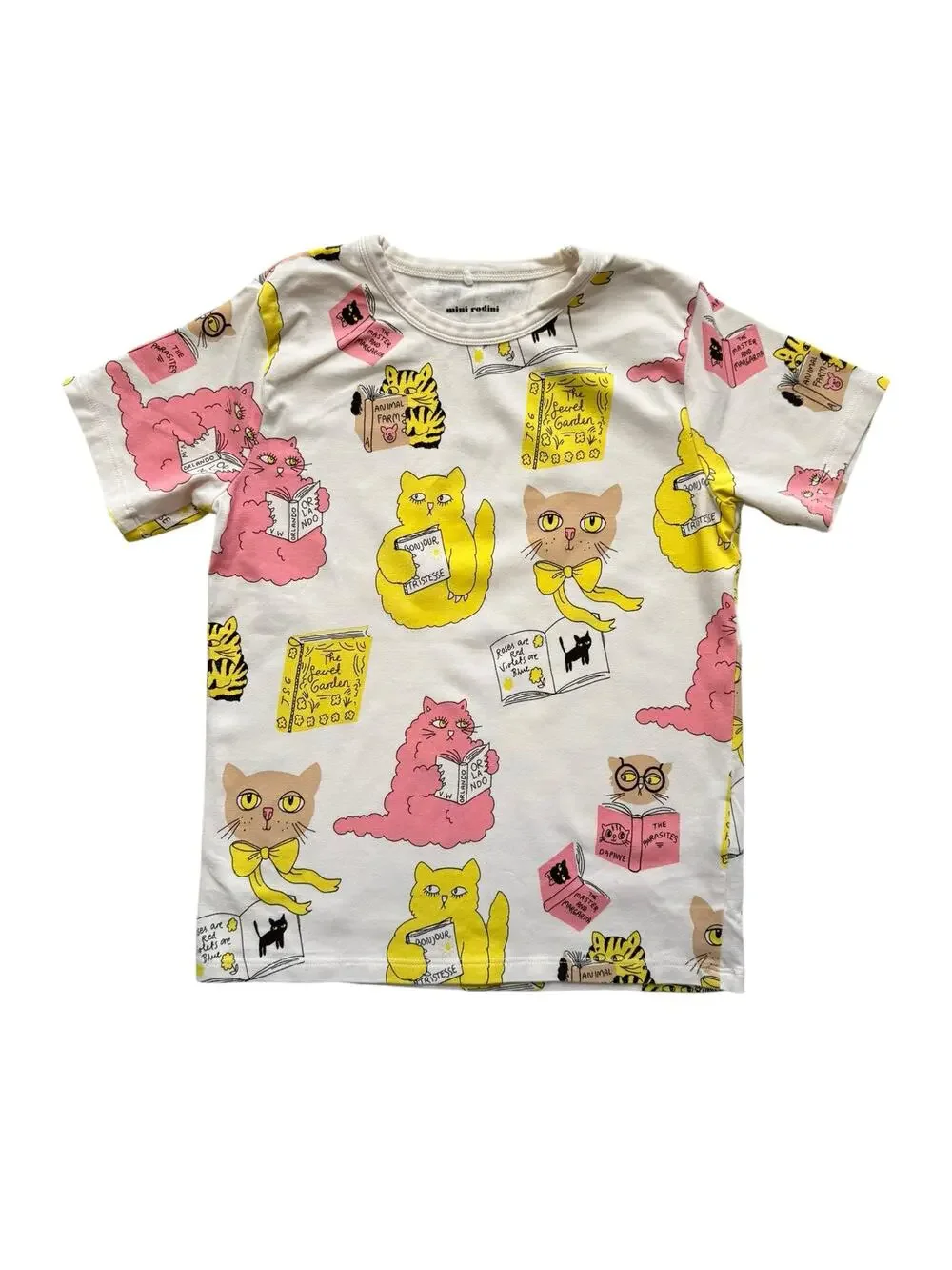 Mini Rodini Cats Reading Books Short Sleeve T-Shirt Size 7-9y - Picture 1 of 4